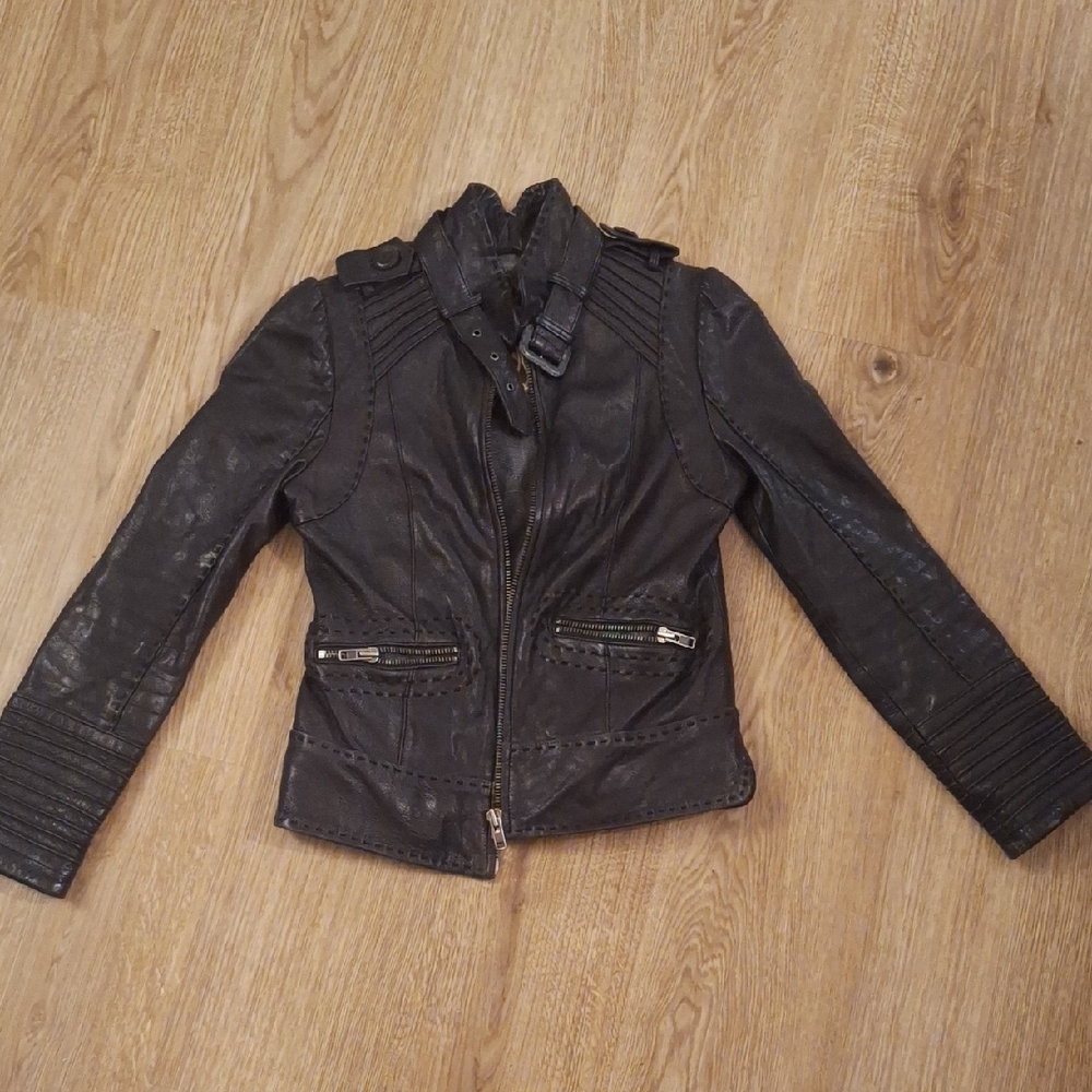 Mackage Dark Leather Jacket with Zipper Details